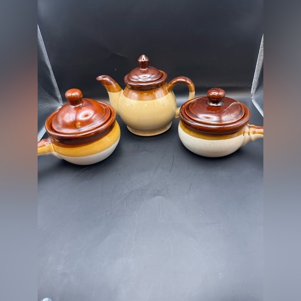Vintage Brown and Tan Teapot And Two Bowls With Handles And Lids Stoneware Set